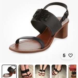 Tory Burch Black and Brown Perforated Leather Sandals with Wooden Heel